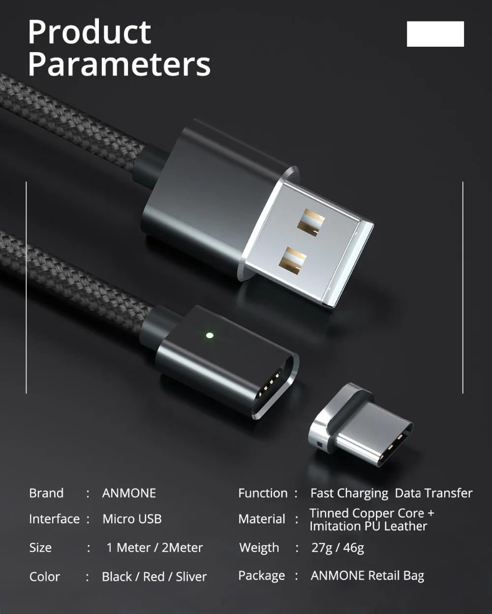 Магнитный кабель ANMONE type-C для быстрой зарядки, кабель USB C, 1 м, 2 м, шнур для передачи данных на базе Android, кабель для быстрой зарядки мобильного телефона, Магнитный провод usb type-C