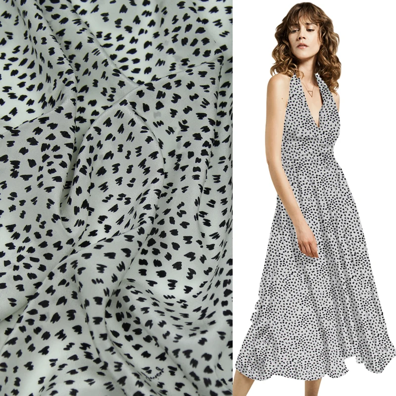 Шелк крепдешин ткань черный Мини пятна принт на белом фоне SCDC808 | Дом и сад