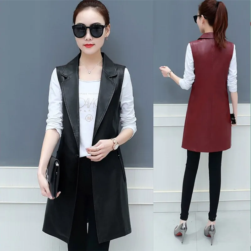 

Women Slim sleeveless suit vest new Office lady PU leather Blazers suit vest cardigan suit jacket Female Vest Long Jacket