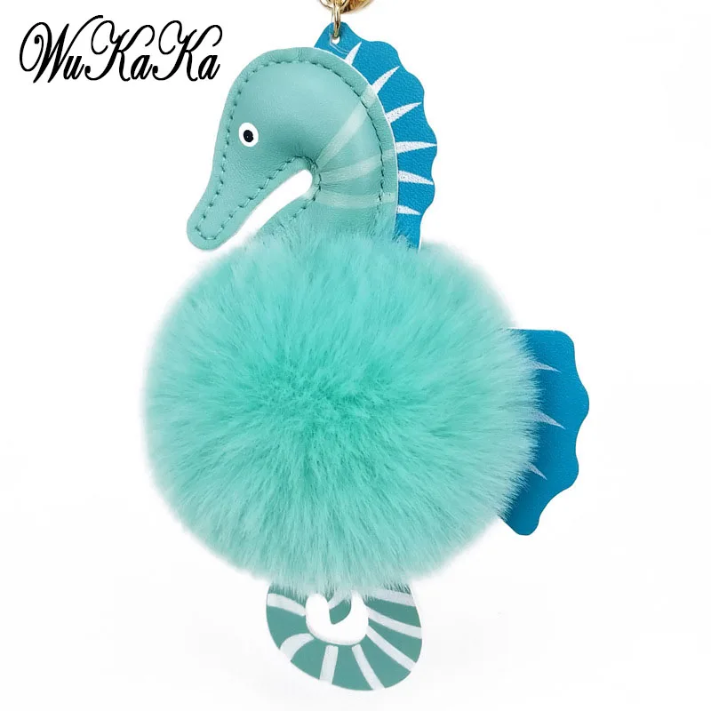 

Модный искусственный Пушистый пушистый шар, прекрасный кожаный брелок с помпоном для морской лошади, брелок для автомобиля, кольцо для ключ...