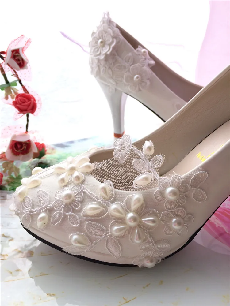 Кружевные жемчужные белые свадебные туфли женские модные больших размеров для
