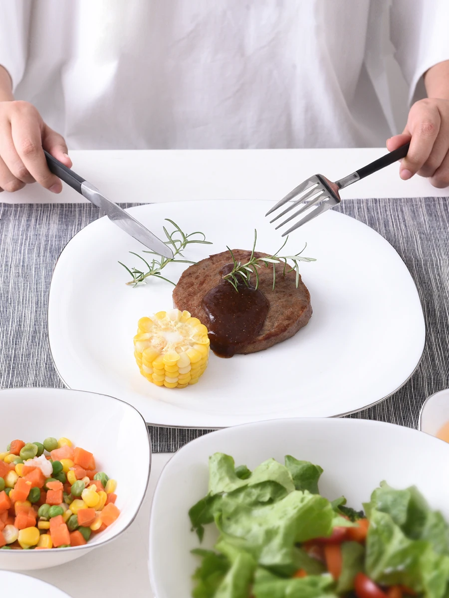Golden Edge Square White Opal Glass Porcelain Deep Plates Dishes Tableware Steak Salad Bowl Breakfast Dish Plate