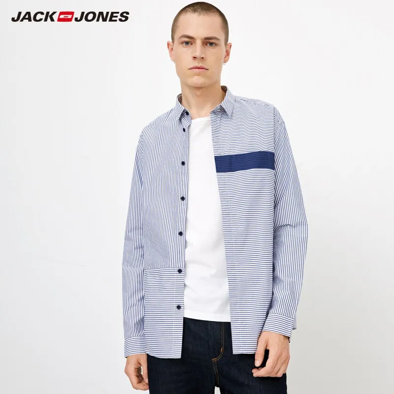 JackJones Мужская хлопковая Повседневная Свободная полосатая рубашка с длинными рукавами Мужская одежда 218305526