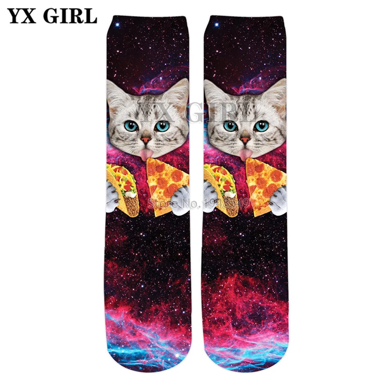 YX GIRL/ г. Летние новые модные носки с 3d изображением галактики DC Cat Eating Taco And Pizza, повседневные уличные носки для мужчин и женщин SC80