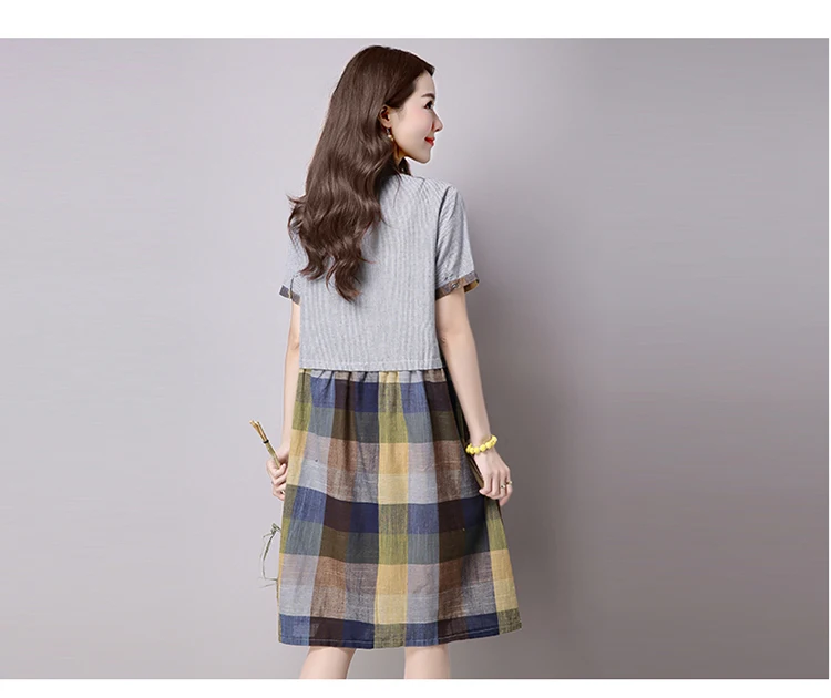 Zomerjurk dames, летнее платье с коротким рукавом, женское клетчатое лоскутное платье, свободные рубашки, плюс размер, хлопковые льняные платья