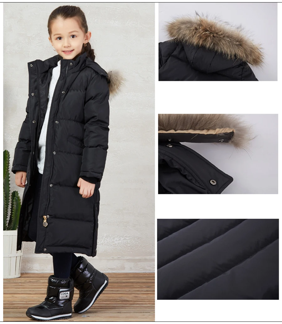 Russia Winter -30 Degrees Girl Duck Down Coat Long Section Parka Children Jacket Kids Warm Thick Fur Hooded Coats | Детская одежда и