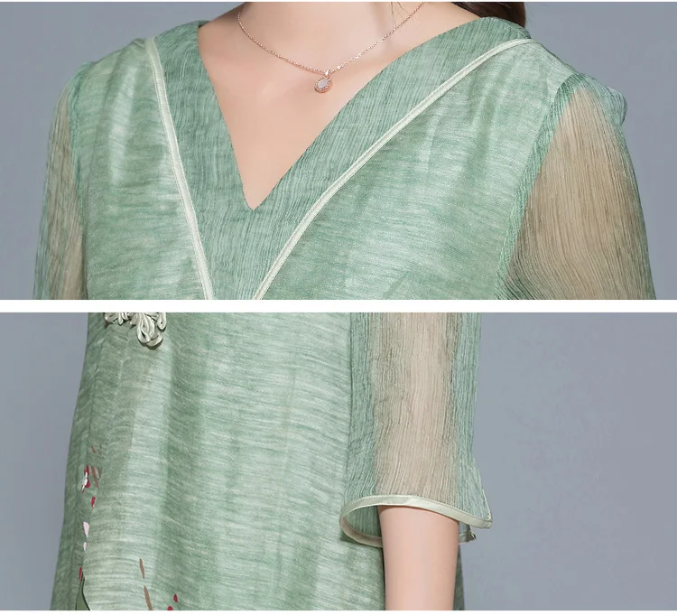 High Quality Silk Linen Dress Side Split Pocket Vestidos Plus Size Ethnic V Neck Button Floral Print Women Dresses | Женская одежда