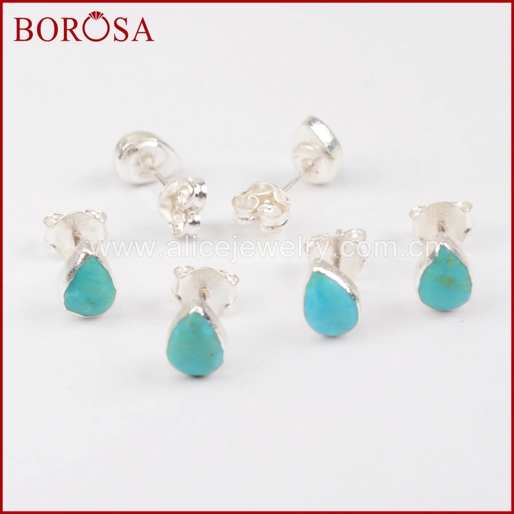BOROSA Elegant Pure Silver Natural Tur-quoise Stud Earrings Druzy Jewelry Gems Fashion for Women Girls SS177 |