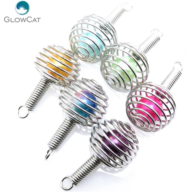 K582 5pcs/lot Silver Iron 33mm Wooden Club Spiral Ball Pearl Cage Beads Pendant Locket Fairytale Party Essential Oil Diffuser | Украшения и