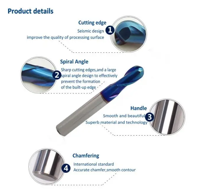 

JF 6pcs/set R3.175*12.7*6.35*63.5*2T Solid carbide Ball nose end mill HRC65 NaCo-blue Coated