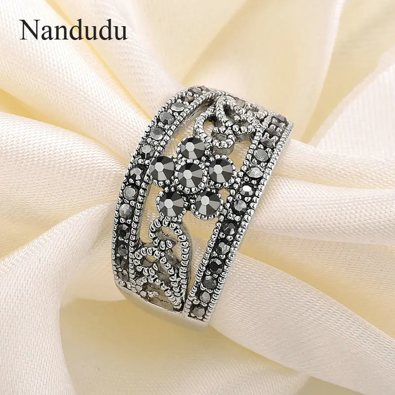 Nandudu классическое черное серое кольцо с кристаллами Ретро полый дизайн
