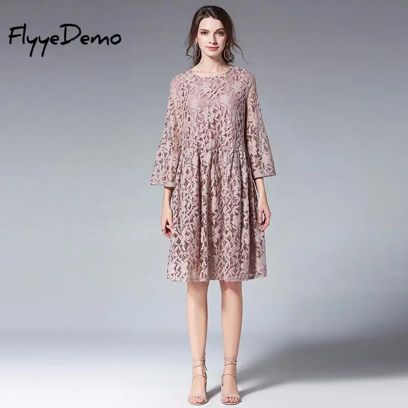 High Quality Loose Dress 2018 Summer Women Elegant Floral Lace Chiffon Knee Length Pleated Black Party | Женская одежда
