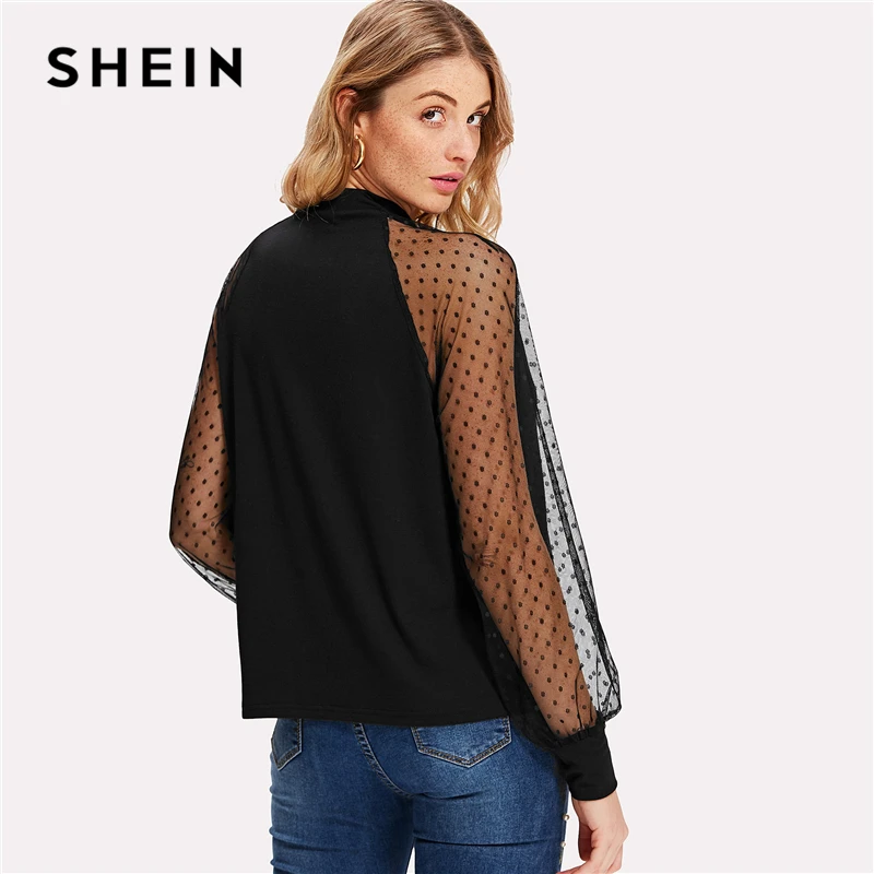 SHEIN Модный Топ С Сетчатой Вставкой, Рукав-фонарик Повседневные Женские Блузки С Воротником-стойкой С Длинным Рукавом