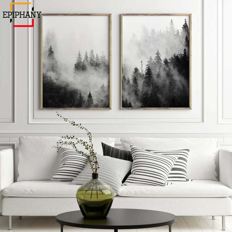 Лес печать черно белая природа скандинавский настенный Холст Картина