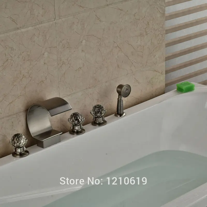 Newly 5Pcs Bathroom Shower Tub Mixer Faucet w/ Hand Nickel Brushed Bathtub Set Crystal Handles | Обустройство дома