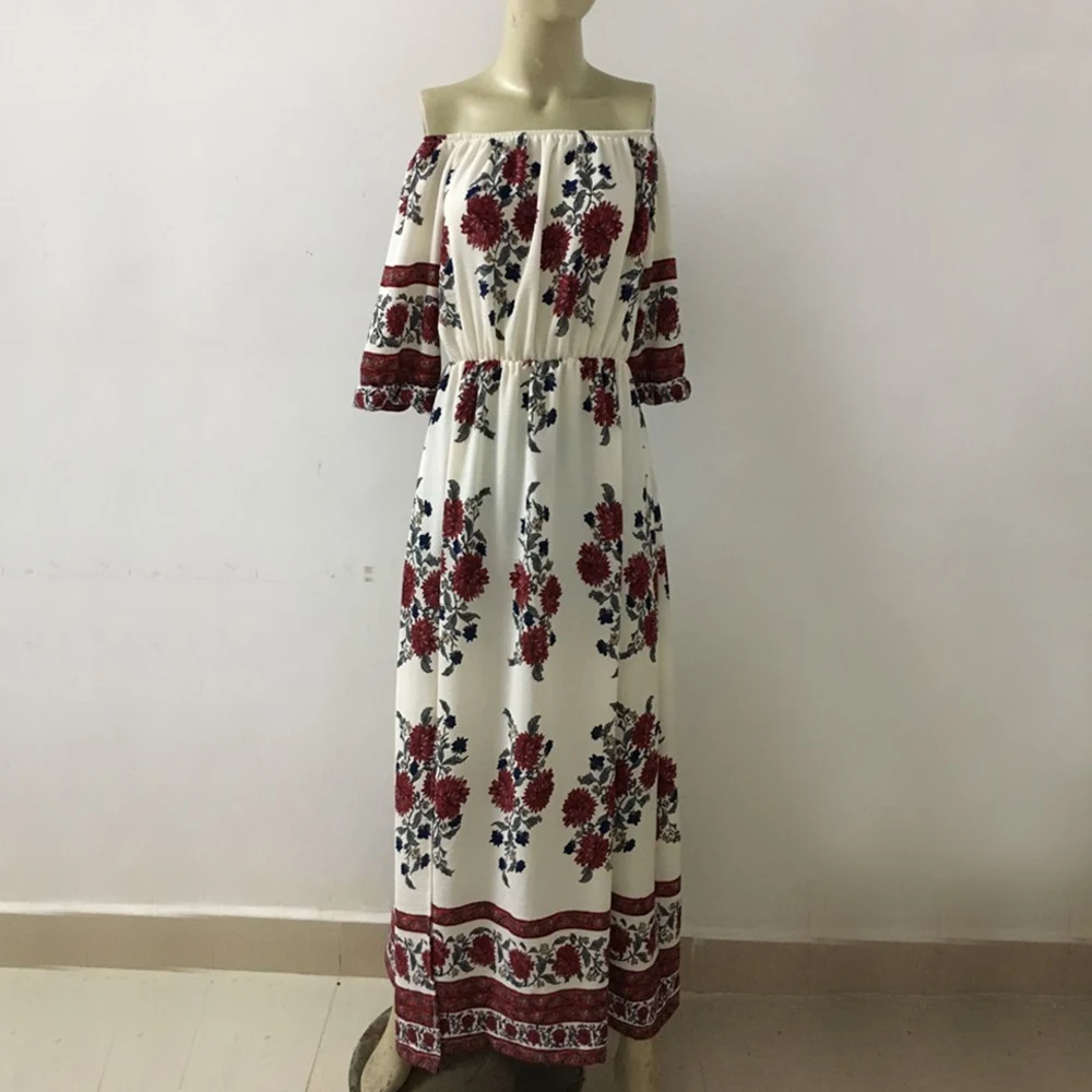 Женское пляжное платье бохо винтажное с цветочным принтом открытыми плечами