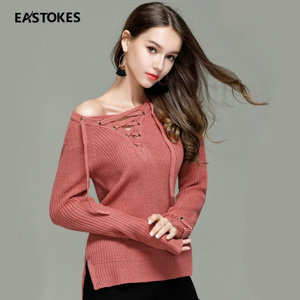 Модный женский зимний свитер со шнуровкой спереди женские вязаные пуловеры