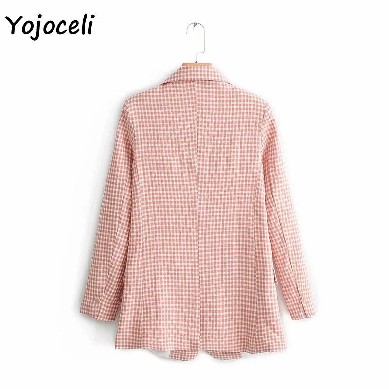 Yojoceli, розовые клетчатые блейзеры, пальто для женщин, уличная одежда, двубортные блейзеры, куртки, женские уличные Топы