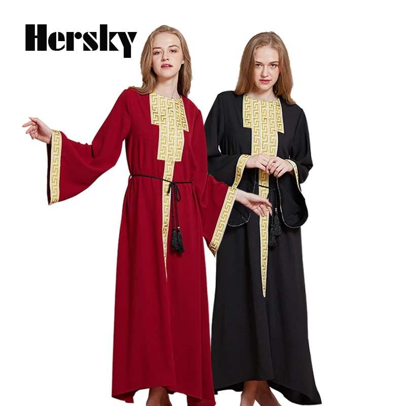 Fashion Muslim Embroidery Dress Turkey Women Abayas Dresses Plus Size Dubai Ladies Kaftan Turkish Islamic Long Sleeve Clothing |
