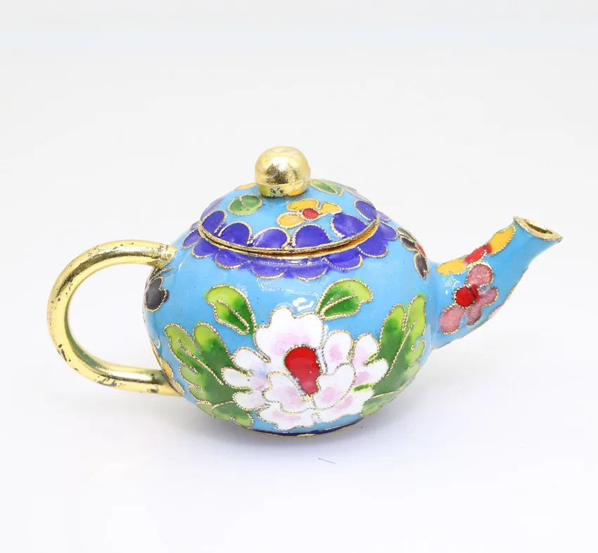 Chinese MiNi Ornament Cloisonne Enamel copper wire inlay green leaves pink white flower acid blue decoration gourd flagon H022 | Дом и сад