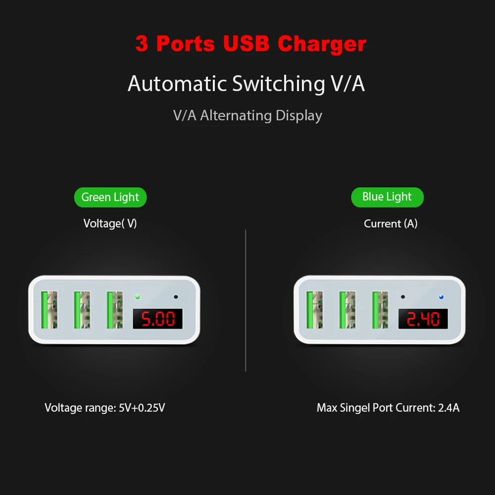 FLOVEME цифровой дисплей 3 порта USB зарядное устройство штепсельная вилка