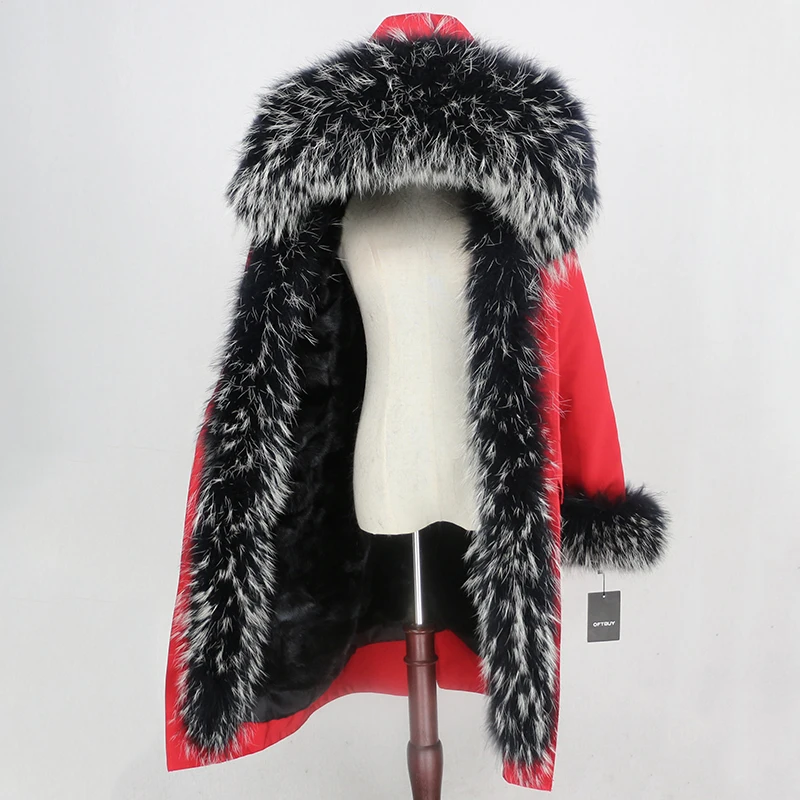 red black W OFTBUY X-long Parka водонепроницаемая верхняя одежда зимняя куртка женская шуба из натурального меха енота Капор из норки съемная меховая подкладка - Цвет: red black W