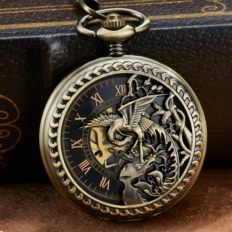 

Hollow Bronze Unique Dragon Phoenix Sculpture Mechanical Pocket Watch Retro Luckly Symbol Roman Skeleton Mechanical Pocket Watch