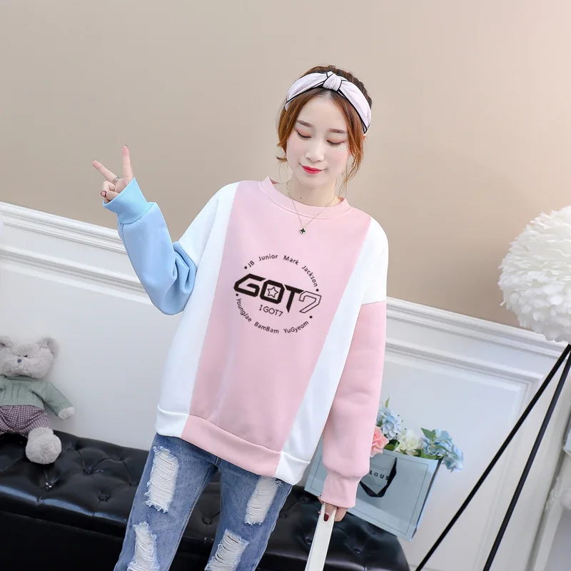 GOT7 хлопок плюс бархат розовый синий модные женские толстовки k pop корейский