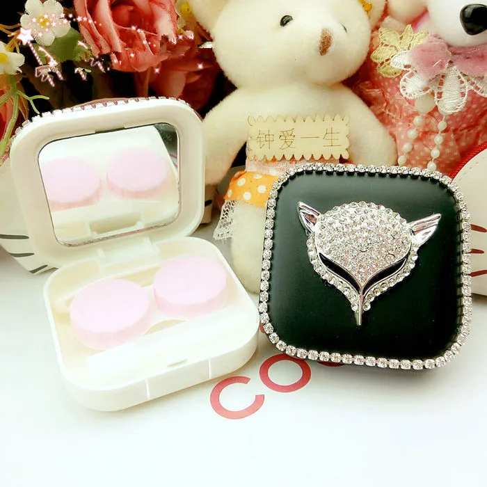 

LIUSVENTINA Portable DIY Acrylic Cute Alloy Diamond Fox Contact Lens Case with Mirror for Color Lenses Gift for Girls