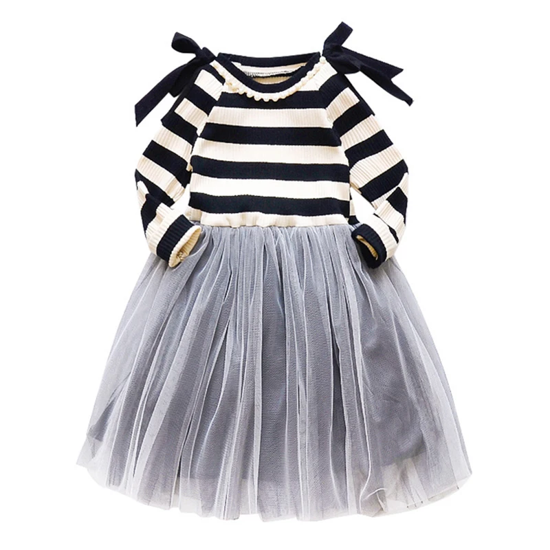 

New Autumn Baby Girl Dress Fille Dress Pearl Bowknot Casual Striped Princess Dress Mesh Dress For 6-15Y Free Shipping XL734