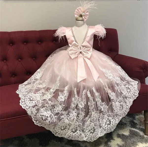 New Pink Puffy Baby Girl Birthday Party Gowns Lace Applique Flower Girl Dress Kid Clothes Christmas New Year