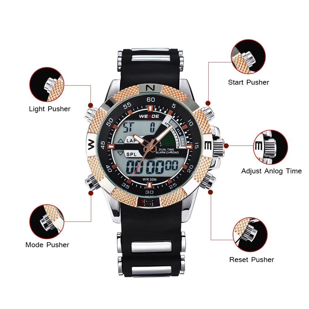WEIDE Luxury Brand Gold часы Аналоговые Цифровые Sport Кварцевые Кемпинг наручные Мужчины