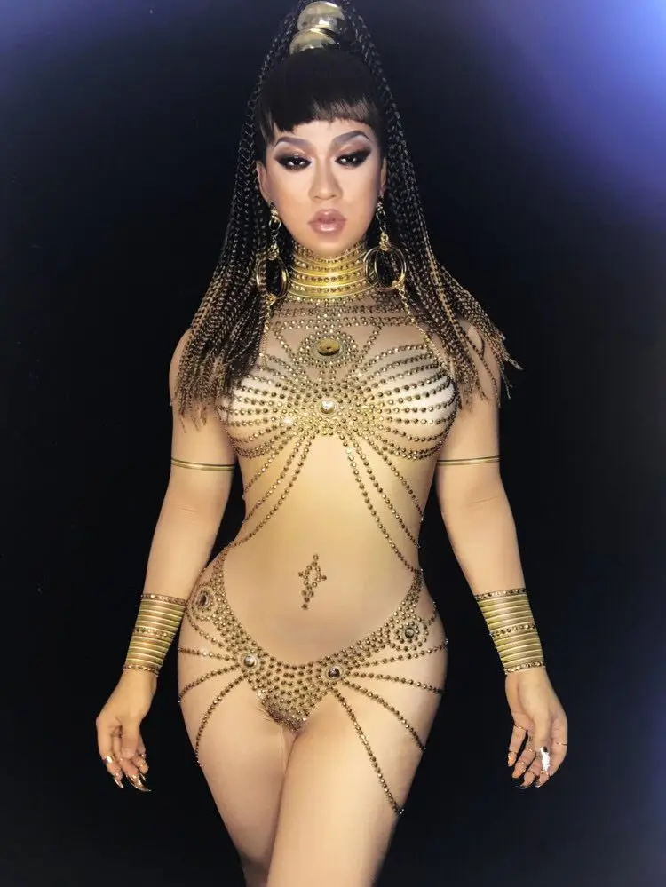 Модный сценический костюм женский комбинезон с золотыми камнями одежда для