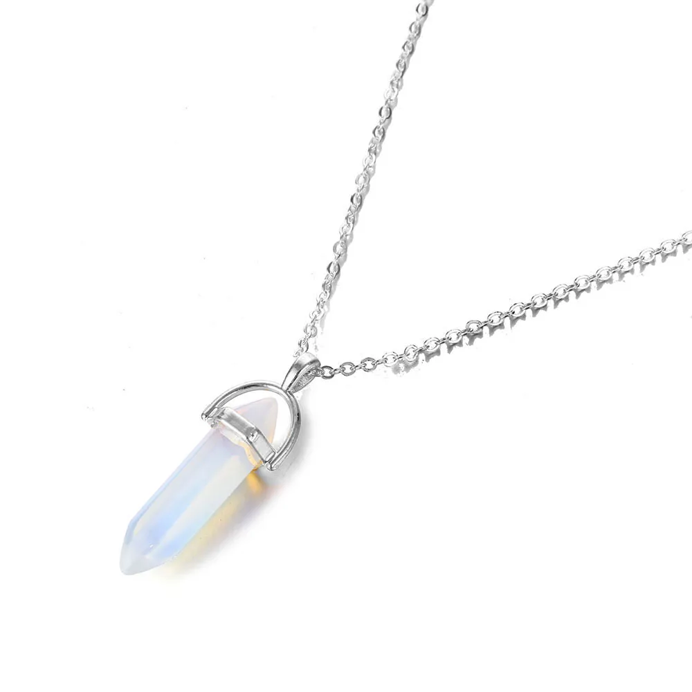 Silver Opal Горячая Распродажа шестиугольная колонна кварцевое ожерелье s Подвески модный натуральный камень в виде пули розовая подвеска в виде кристалла ожерелье для женщин ювелирные изделия - Окраска металла: Silver Opal