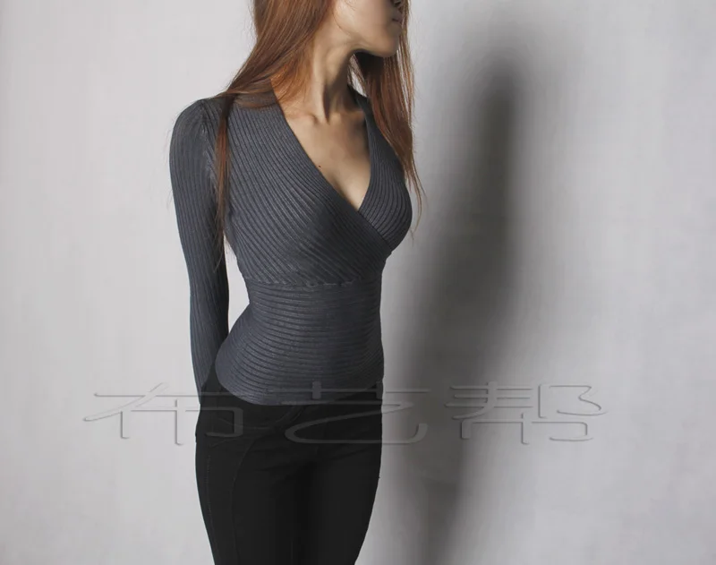 sweater women 2018 V-neck sexy low neck thin waist knitted tight long sleeve pullover short Spring and autumn | Женская одежда
