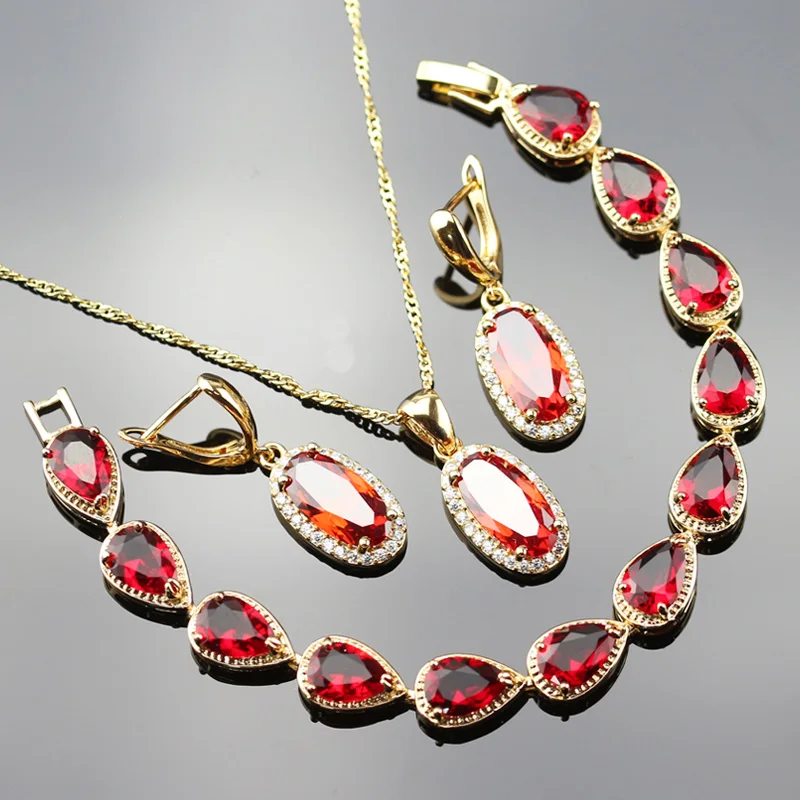 Золото Цвет комплект ювелирных изделий для Для женщин красный кристалл белый