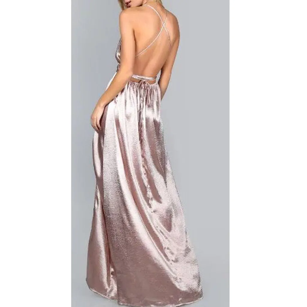 Женское атласное платье без рукавов с v-образным вырезом и открытой спиной
