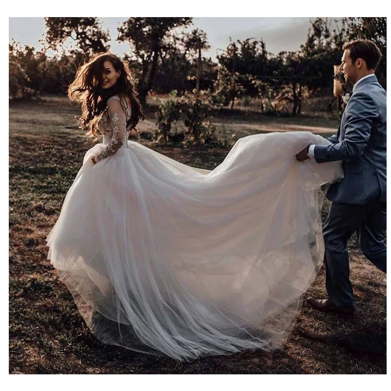 

SOFUGE Long Sleeves Boho Wedding Dress 2019 Puff Tulle Appliques Lace A Line Tulle Vintage Bride Dresses Wedding Gown