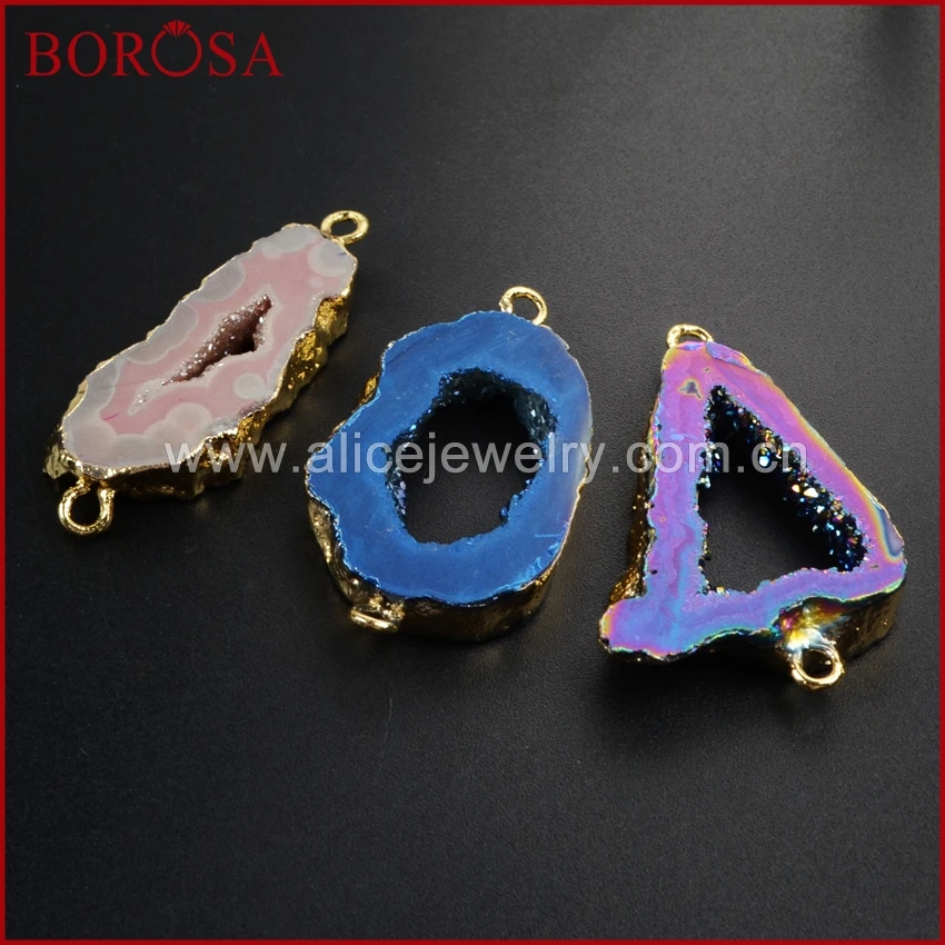 BOROS 10 шт. Золотая радужная кулон из титана Agates Druzy Slice Коннектор с двойным