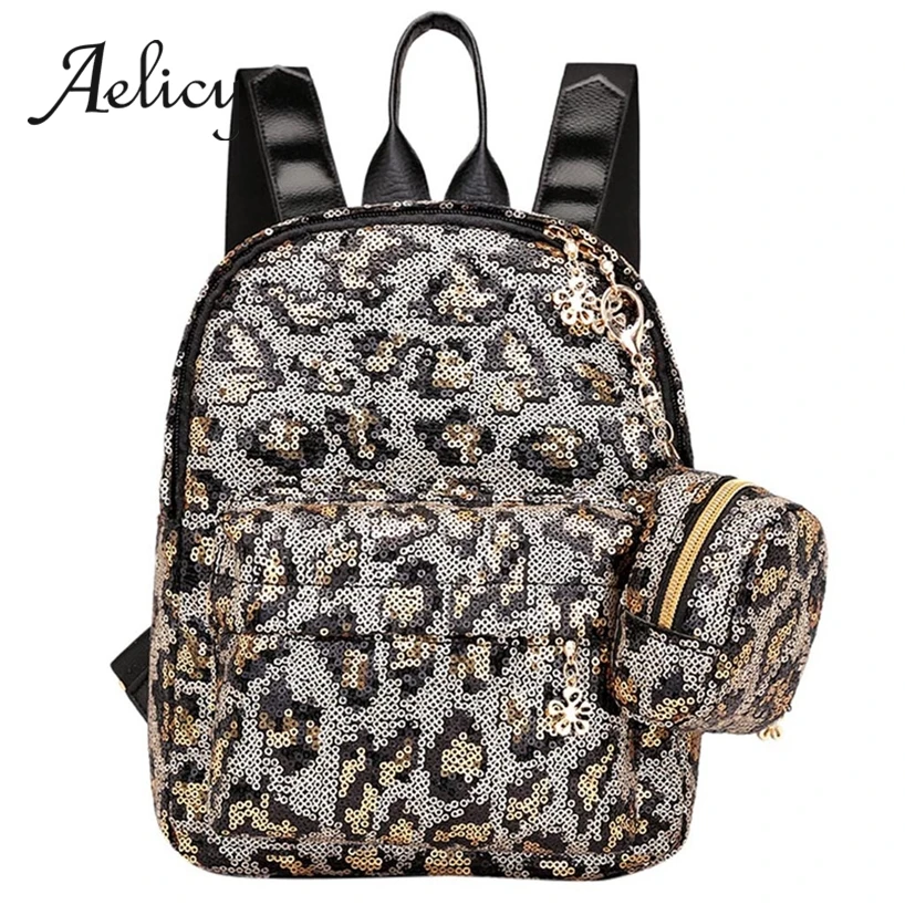Aelicy Satchel Women Leopard Print Sequin Fashion Small Backpacks Lady Travel Zipper Shoulder Backpack + Clutch Bag 2pcs | Багаж и сумки