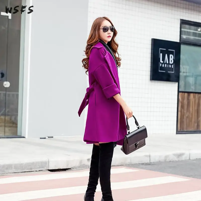 

Winter Womens Coat Purple Long Sleeve Wool Coats Office Ladies Belt Elegant Woollen Trench Loose 2019 Woolen Overcoats Outerwear