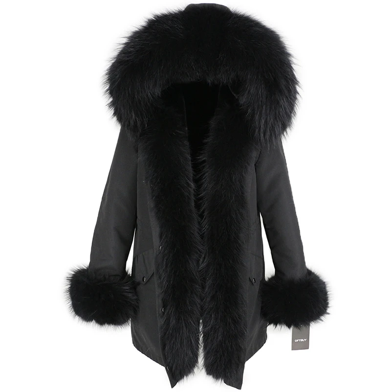 full black OFTBUY, пальто с натуральным мехом, зимняя куртка для женщин, натуральный мех енота, капюшон, водонепроницаемая, длинная парка, съемная, уличная одежда, роскошные парки, теплые - Цвет: full black