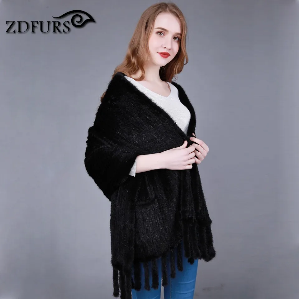 ZDFURS * Натуральная Вязаная Шаль из меха норки с карманом и бахромой норковая