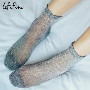 Летние прозрачные женские носки, милый блестящий, тонкие шелковые носки ярких цветов, с кристаллами, Le67344