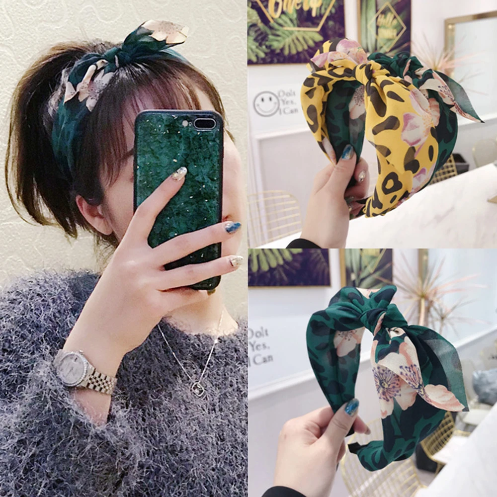 Полосатая печать леопардовая цветочная ткань бант широкая повязка на голову
