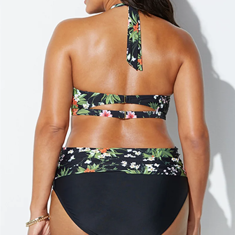 Ретро плюс размер Двухсекционный Купальник Холтер печати Высокая талия женский