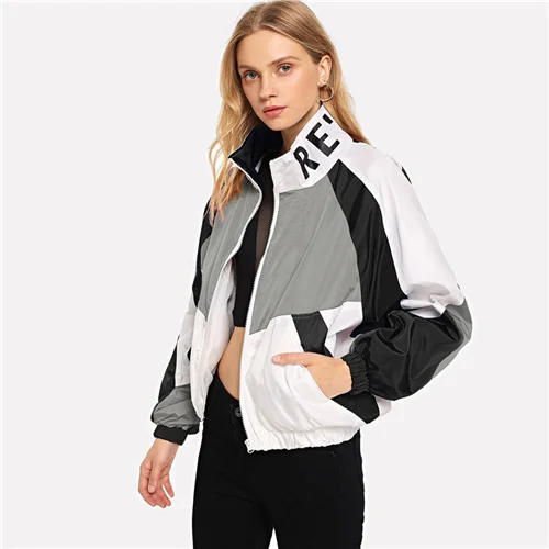 Multicolor SweatyRocks куртка на молнии с буквенным принтом и цветными блоками, спортивная одежда, осенняя куртка-бомбер со стоячим воротником, женские осенние повседневные пальто - Цвет: Multicolor
