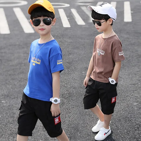 Boys Summer Suit Children New Letter Printing Short Sleeved T Shirt +pant Two Piece Sports Leisure Sets |