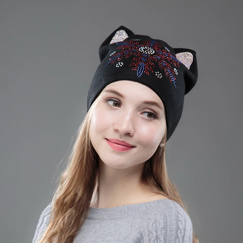 Новый дизайн женские шапочки Милая зимняя шапка для девочек с кошачьими ушками и