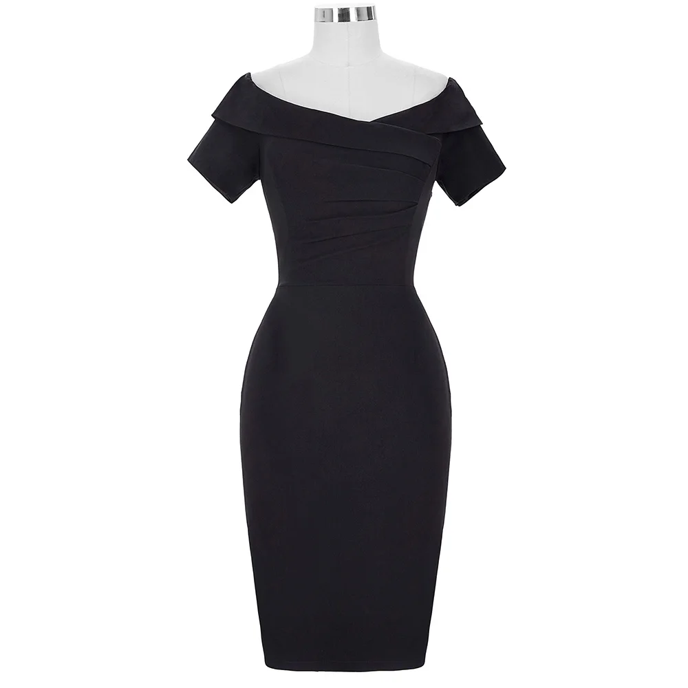 Black 1 Belle Poque модное летнее платье-карандаш в стиле ретро с коротким рукавом и открытыми плечами, облегающее женское платье для офиса - Цвет: Black 1